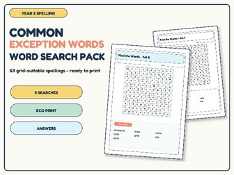 Year 2 Common Exception Words Word Search Pack | 9 Spelling Activities