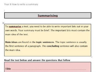 Lower Ks3 Worksheet - Summarising