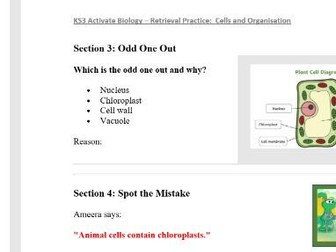 KS3 Activate Biology – Retrieval Practice worksheet: Cells and Organisation