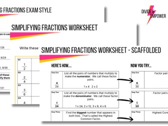 Simplifying Fractions - Differentiated Worksheet WITH SEND SCAFFOLDING