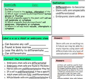 GCSE Stem Cells Complete Lesson with accompanying Worksheets