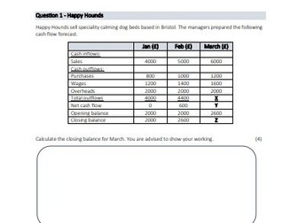 Cashflow Forecasts for Business Studies. Case Study Style Questions.