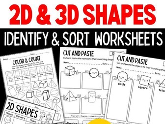 2D and 3D Shapes Sort and Identify Activities Worksheets - Pre-K, Kindergarten