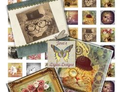 Digital Whimsical Cats Collage Sheets, Square Images