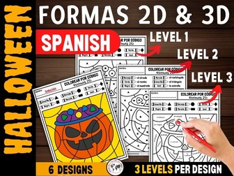 Halloween Spanish Activities: Spanish Color by Shapes Worksheets, Spanish Coloring Pages