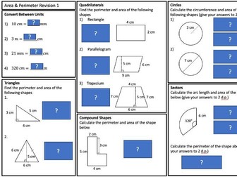 GCSE Foundation Maths Revision Sheet - Area and Perimeter