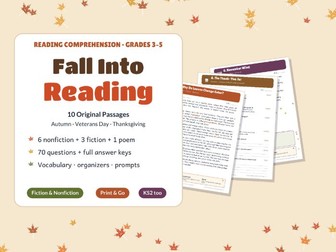 Fall Reading Comprehension Passages | Thanksgiving & Veterans Day | Grades 3-5 | With Answer Keys