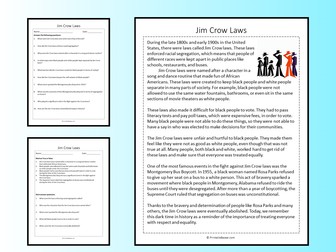 Jim Crow Laws Reading Comprehension Passage Printable Worksheet