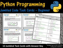Python Programming–Jumbled Code Task Cards (Beginner) Coding Unplugged Activity