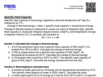 GCSE Physics AQA HT Topic 1: Energy - Specific Heat Capacity Worksheet