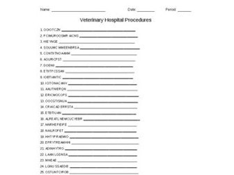 Veterinary Hospital Procedures Word Scramble for Vet. Science Students