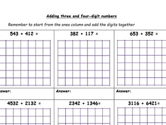 Addition worksheet  Three and Four digit calculations