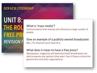 OCR GCSE Citizenship revisions cards - the role of the media and free press