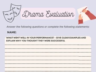 KS3 Drama - Self and Peer Evaluation Worksheet