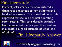 Jeopardy Law Game, MANSLAUGHTER, Criminal Law & Justice