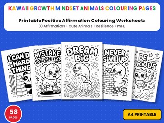 Kawaii Growth Mindset Animals Colouring Pages | 30 Affirmations | Printable Colouring Worksheets
