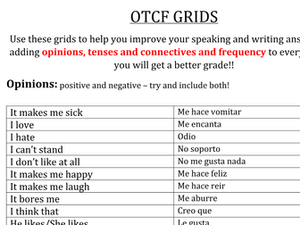 Spanish Writing Support Grid