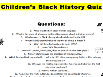 Black History Month Quiz for Kids KS2, KS3, GCSE