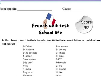 French test school life, subjects school supplies likes dislikes teachers