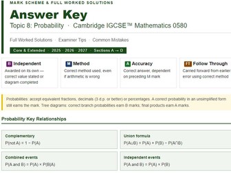 Cambridge IGCSE Maths 0580 | Topic 8: Probability | Answer Key & Mark Scheme |