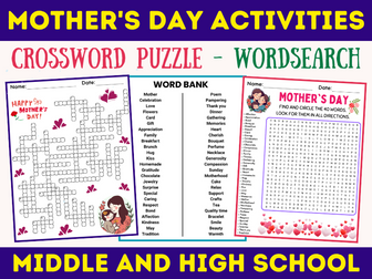 Mother's Day Crossword Puzzle Word Search for Middle & High School Sub Plans
