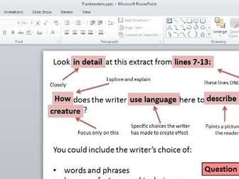 Language Paper 1: Reading Section - Frankenstein Extract and accompanying resources