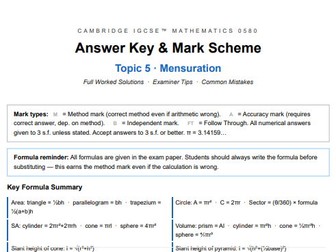Cambridge IGCSE Mathematics 0580 – Topic 5: Mensuration | Answer Key & Mark Scheme (Core & Extended)