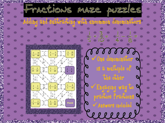 Adding and subtracting fractions: uncommon (multiple) denominators mazes