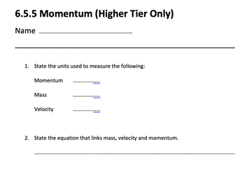 AQA GCSE Science Trilogy Physics Recall sheet. 6.5.5 Momentum (HT Only)