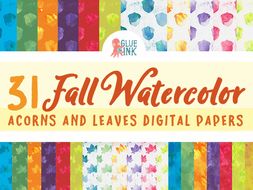Fall Watercolor {Acorns & Leaves} Digital Paper – Commercial Use