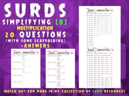 Surds Set B Simplifying Surd Product With Some Scaffolding 20 Q Over 6 Worksheets Answers Teaching Resources