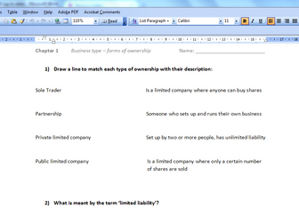 OCR GCSE Applied Business - Business in Action (worksheets for the 10 chapters covered