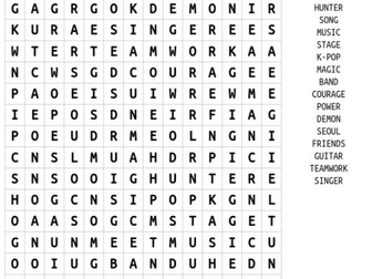 K Pop Demon Hunters Wordsearch