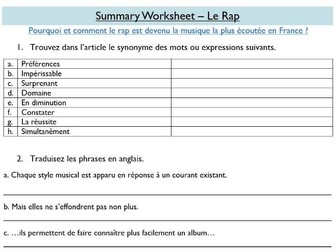 French A Level Summary Worksheet - La Musique