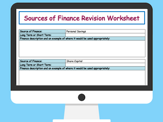 Sources of Finance Worksheet - GCSE (9-1) Business