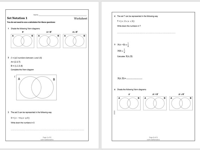 Set Notation GCSE Maths: Worksheets And Solutions | Teaching Resources