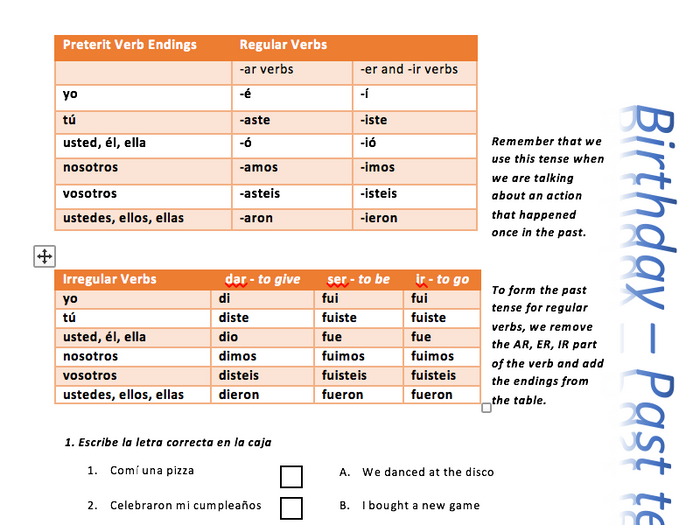 Past Tense In Spanish - What I Did For My Birthday KS3/Spanish ...