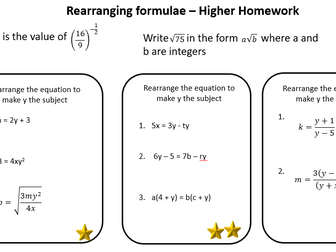 Rearranging formulae - Higher homework