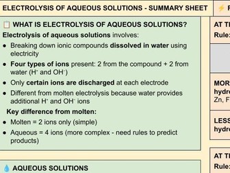 C4 AQA Trilogy Electrolysis of Aqueous Solutions Summary Sheet