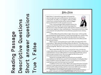 Billie Eilish Biography Reading Comprehension Passage Printable Worksheet PDF