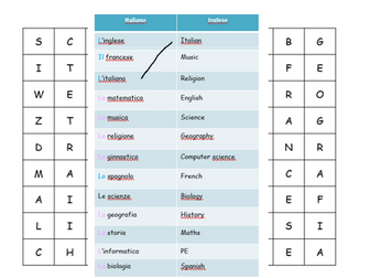 Italian subjects and wordsearch