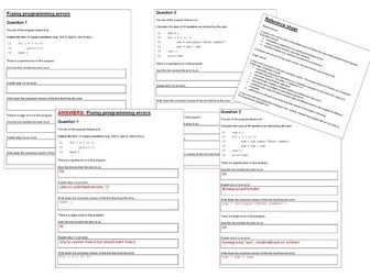 Pseudocode algorithms worksheet - Syntax errors and logic errors - Finding, explaining and fixing