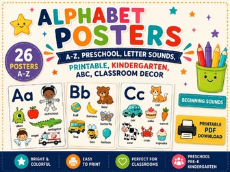 Alphabet Posters, A-Z, Preschool, Letter Sounds, Printable, Kindergarten, ABC, Classroom Decor.