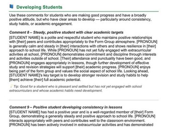 KS3 Adaptable Form Tutor Report Comments.