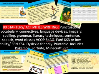 80 WRITING STARTERS ENGLISH ACTIVITIES Spelling Grammar Punctuation Vocabulary Spag VCOP literacy