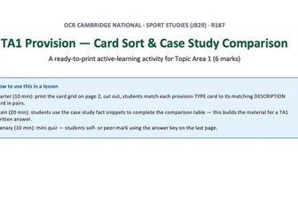OCR Cambridge National Sport Studies: R187 TA1 Provision Card Sort & Case Study Comparison
