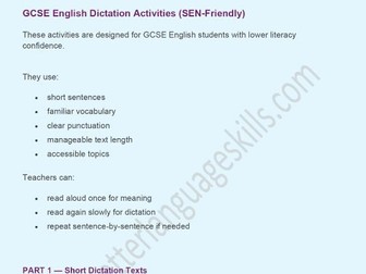 GCSE English Dictation Activities for SEN Students