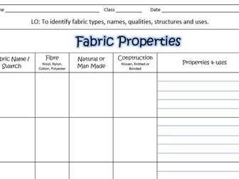 Fabric Properties Matching Cards and Worksheet