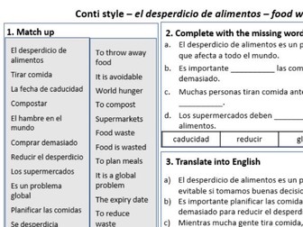 Food Waste in Spanish – Conti-Style Vocabulary & Practice Worksheet (National 5 / GCSE)