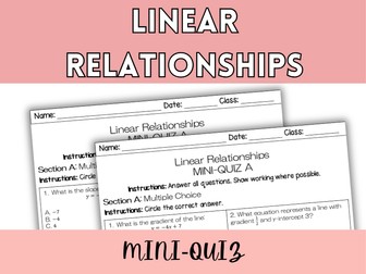 Linear Relationships MINI-QUIZ | 2 Versions (A&B) with MC & Short Answer